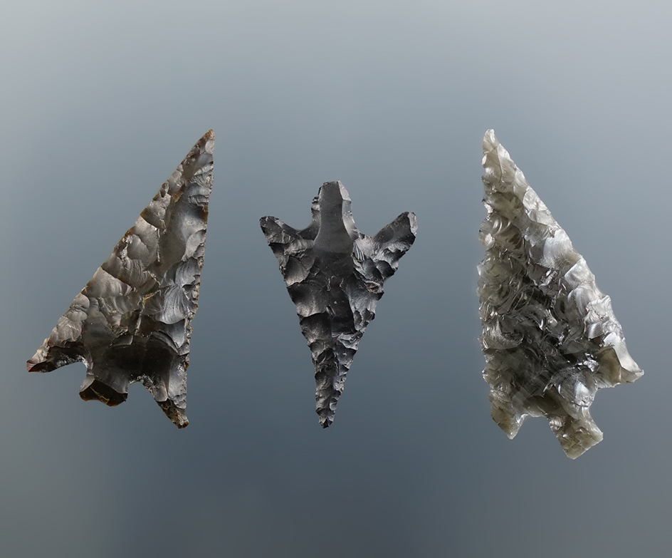 Set of three Obsidian arrowheads in nice condition found in Oregon. Largest is 1 1/4".