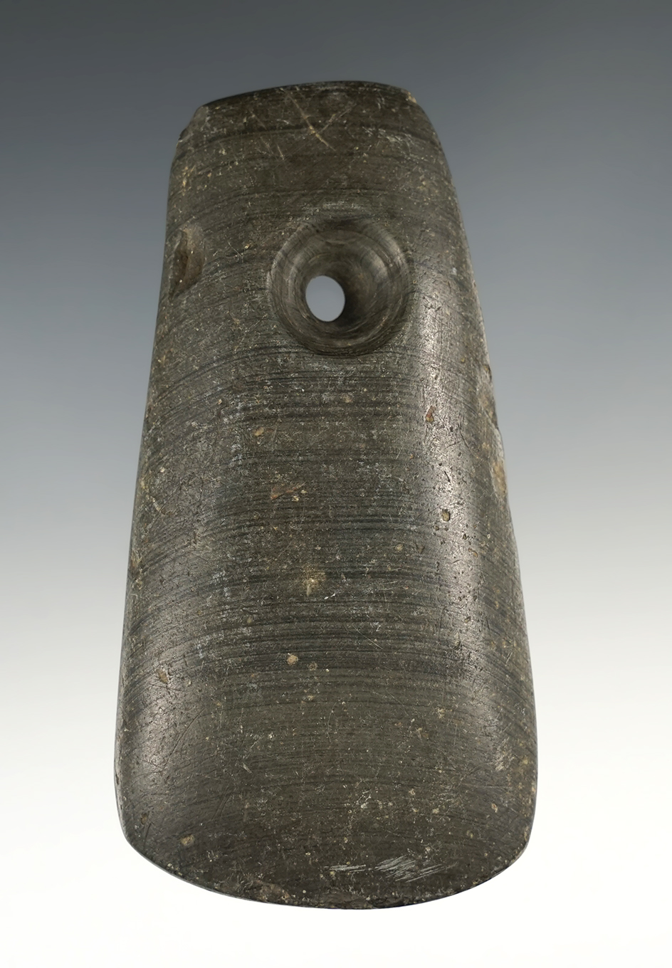 4 1/16" Adena Trapezoidal Pendant made from green and black Banded Slate. Northwestern Ohio.