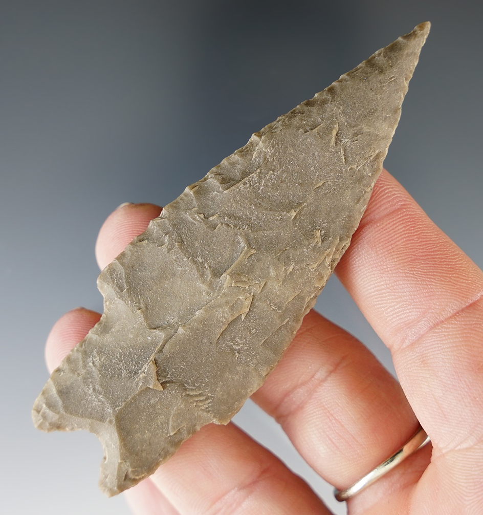 3 1/2" Pedernales made from gray-tan chert, found in Travis Co., Texas. Comes with a Rogers COA.