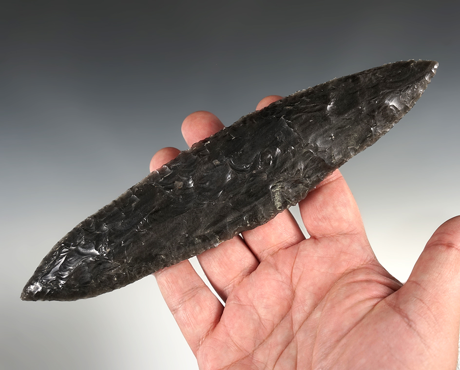 Large 8 3/8" Bi-Pointed Obsidian knife found near Lower Klamath Lake, Oregon.