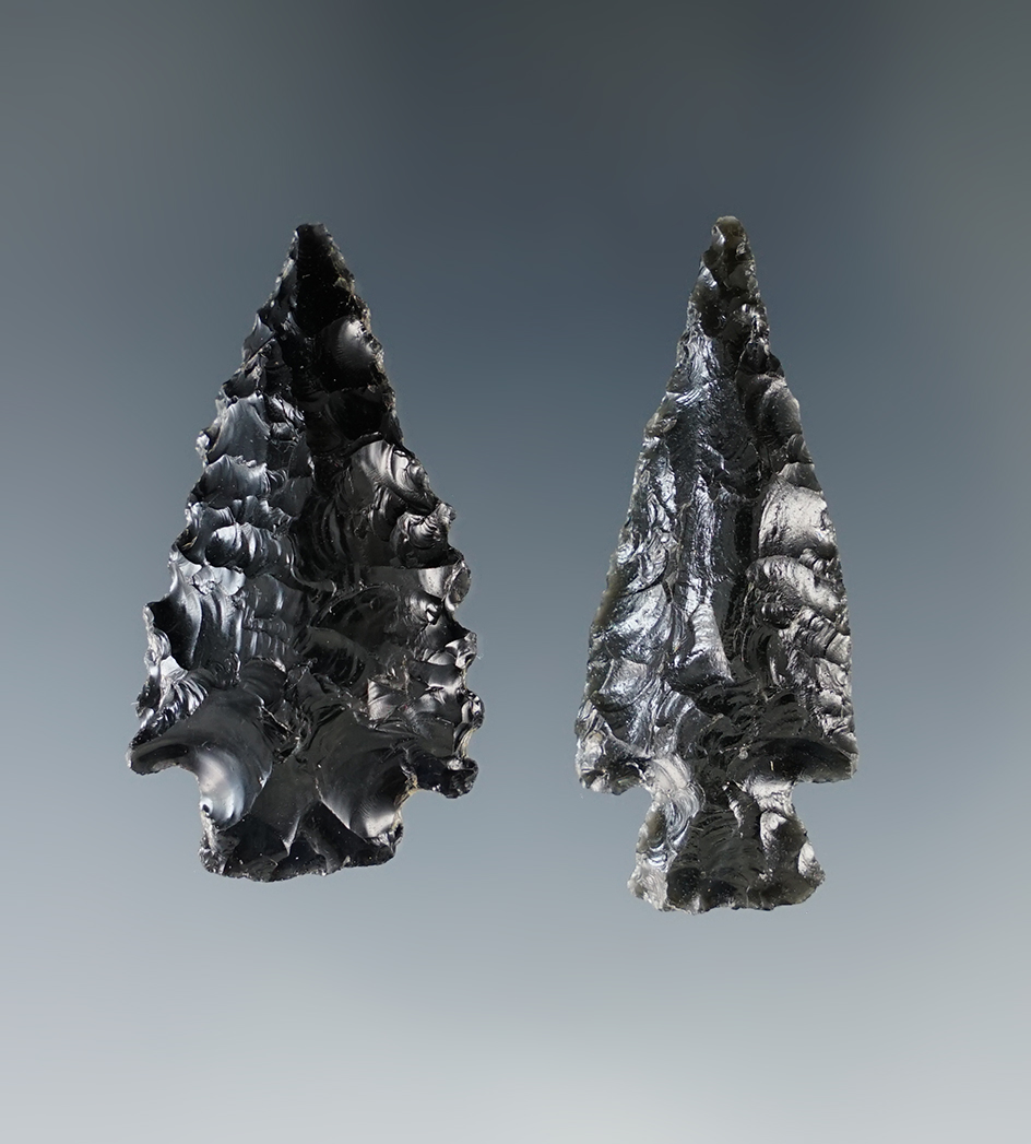 Pair of Obsidian Rose Springs points that are nicely styled found in Oregon. Largest is 1 9/16".