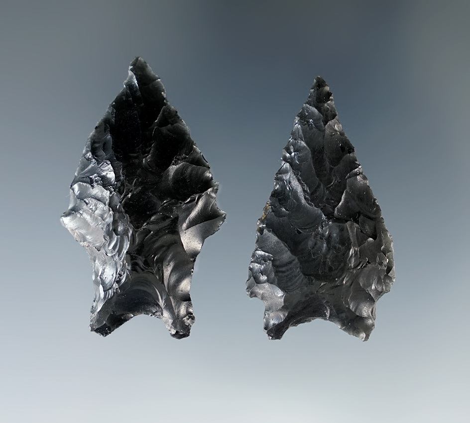 Pair of Pinto Basin Points made from Obsidian found in Lake Co., Oregon. Largest is 1 11/16".