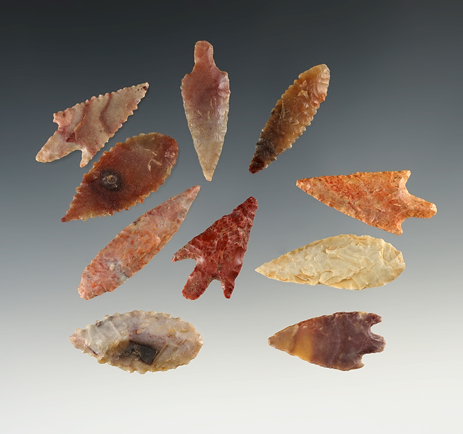 Set of 10 assorted African Neolithic arrowheads found in Africa. Largest is 1 3/4".
