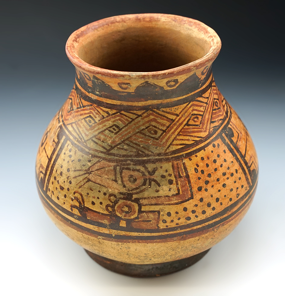 Excellent example! Beautiful paint and design on this 6 3/8" tall by 6 3/8" wide pre-Columbian pot