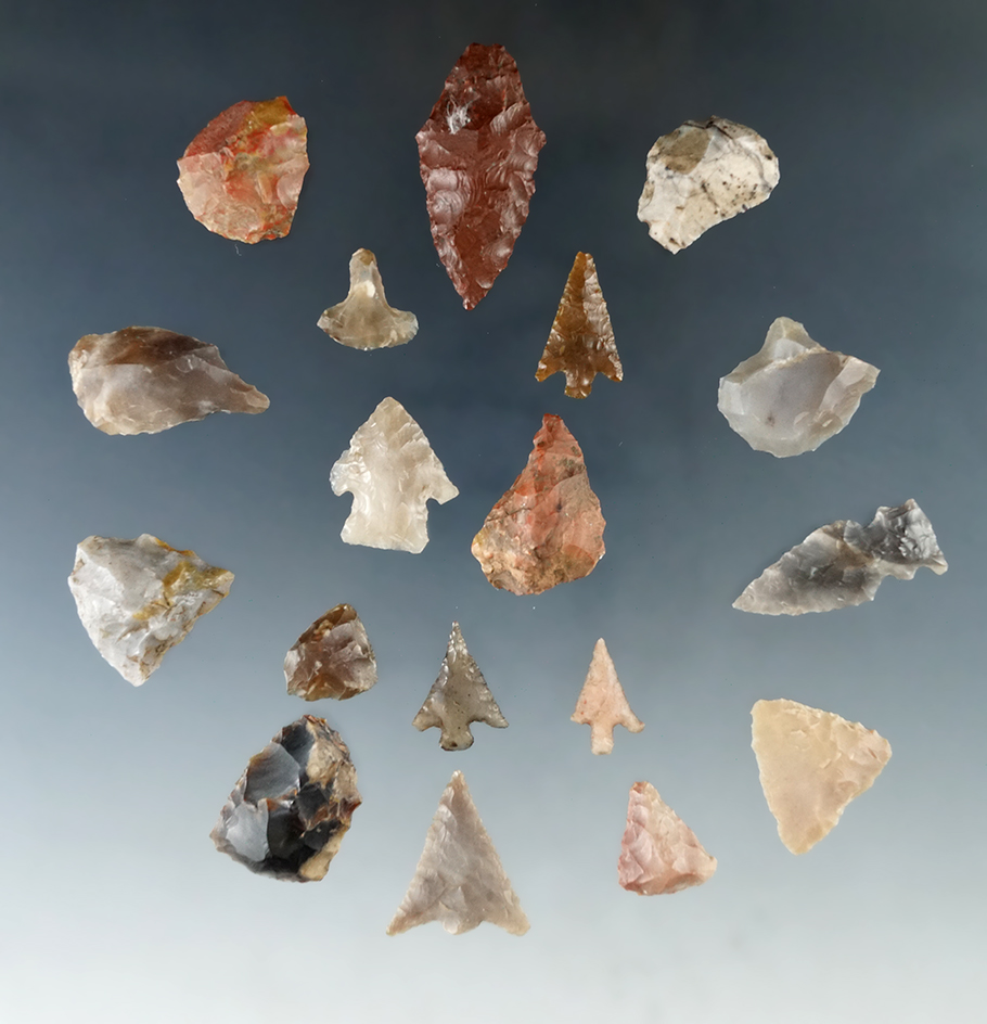 Group of 18 assorted flaked artifacts, largest is 1 1/2". Found at the Orchard site midden, WA.