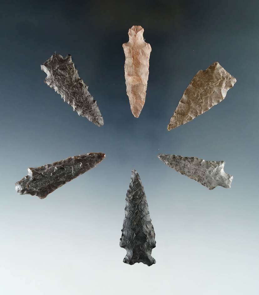 Set of six assorted arrowheads found near the John Day Rapids in Klickitat Co., Washington.