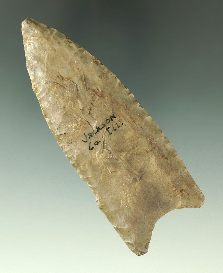 Pictured! 3 5/8" Paleo Fluted Clovis - Jackson Co., Illinois. Ex. B. W. Stevens. Pictured. Bennett C