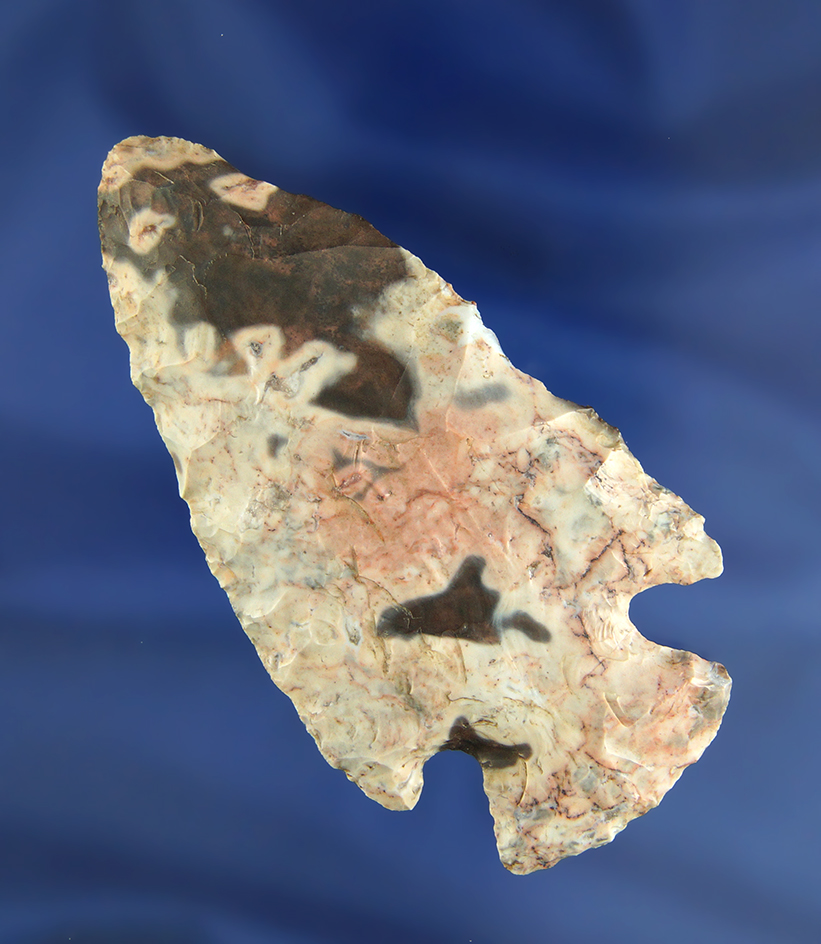 Very colorful 3 7/16" Hopewell made from Flint Ridge Flint found in Tuscarawas Co.,  Ohio.