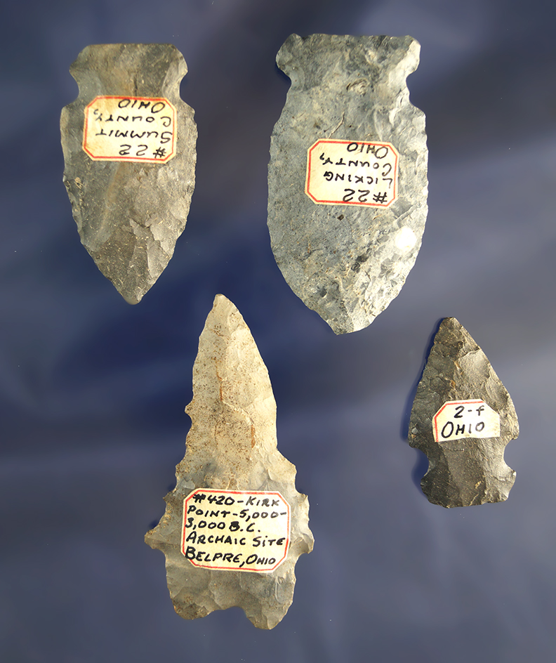 Set of four Archaic Arrowheads found in Ohio, largest is 2 5/16". All are very nicely patinated.