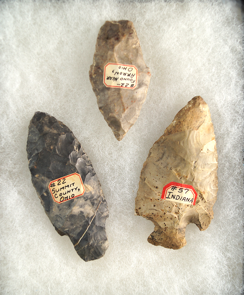 Set of three assorted Arrowheads found in Indiana and Summit Co.,  Ohio, largest is 3".