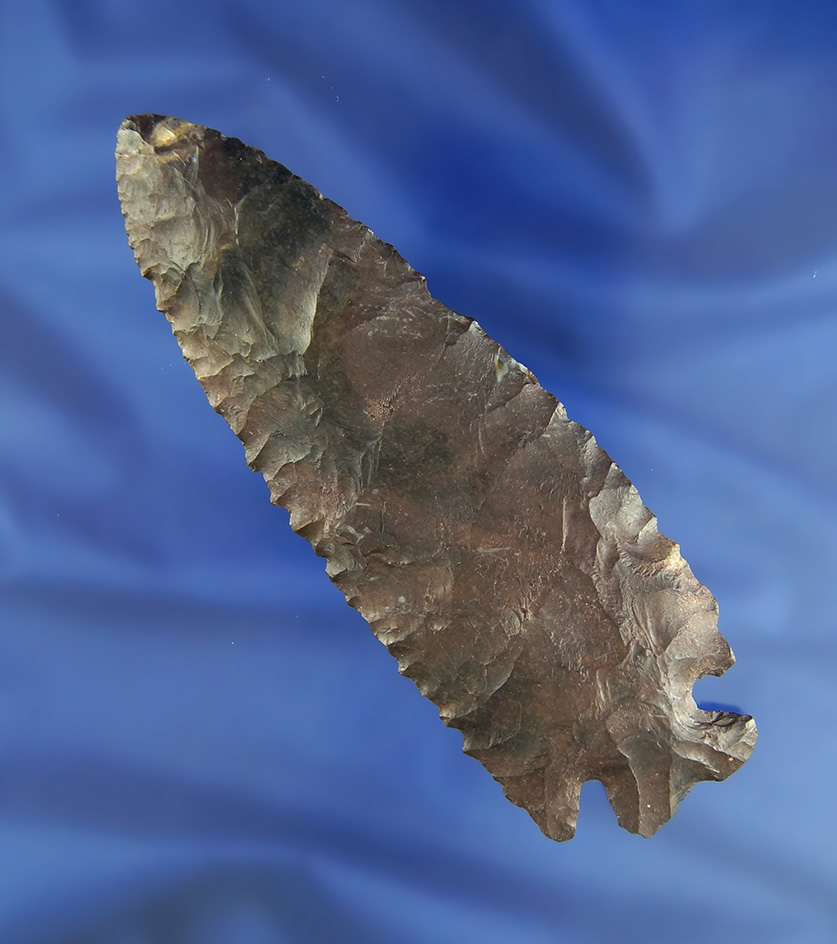 Large 4 7/8" heavily patinated Coshocton Flint Notched Base Dovetail found in Knox Co.,  Ohio.