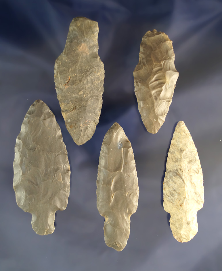 Set of 5 nice Adena Points found in Ohio, largest is 3 1/4".