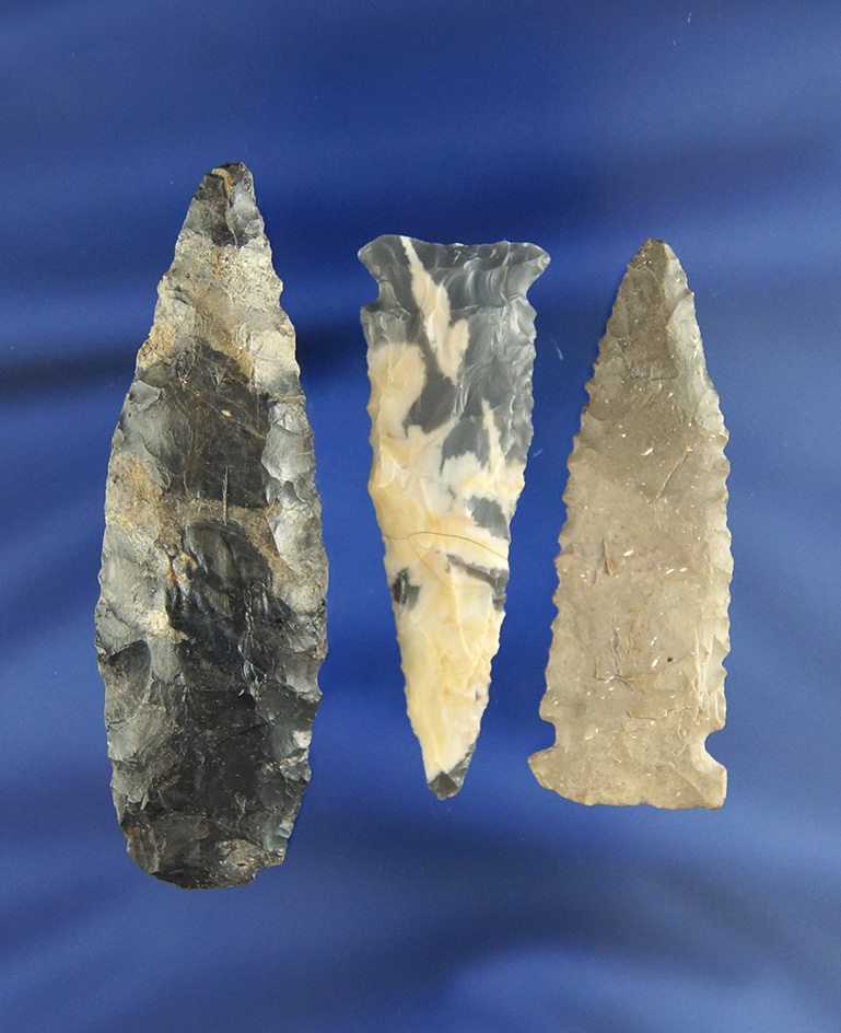 Set of three nice Ohio Arrowheads, largest is 2 7/8", all in nice condition.