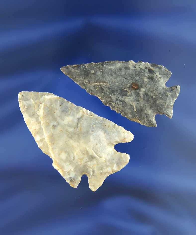 Pair of Cornernotch Ohio Arrowheads, largest is 2" found in Knox and Wood Co., Ohio. Ex. Jeff Doren