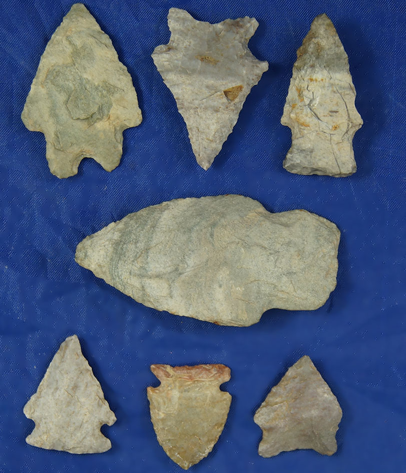 Set of 7 assorted Indiana Green Arrowheads found in Williams Co., Ohio.  Ex. Harlan Snyder Collectio