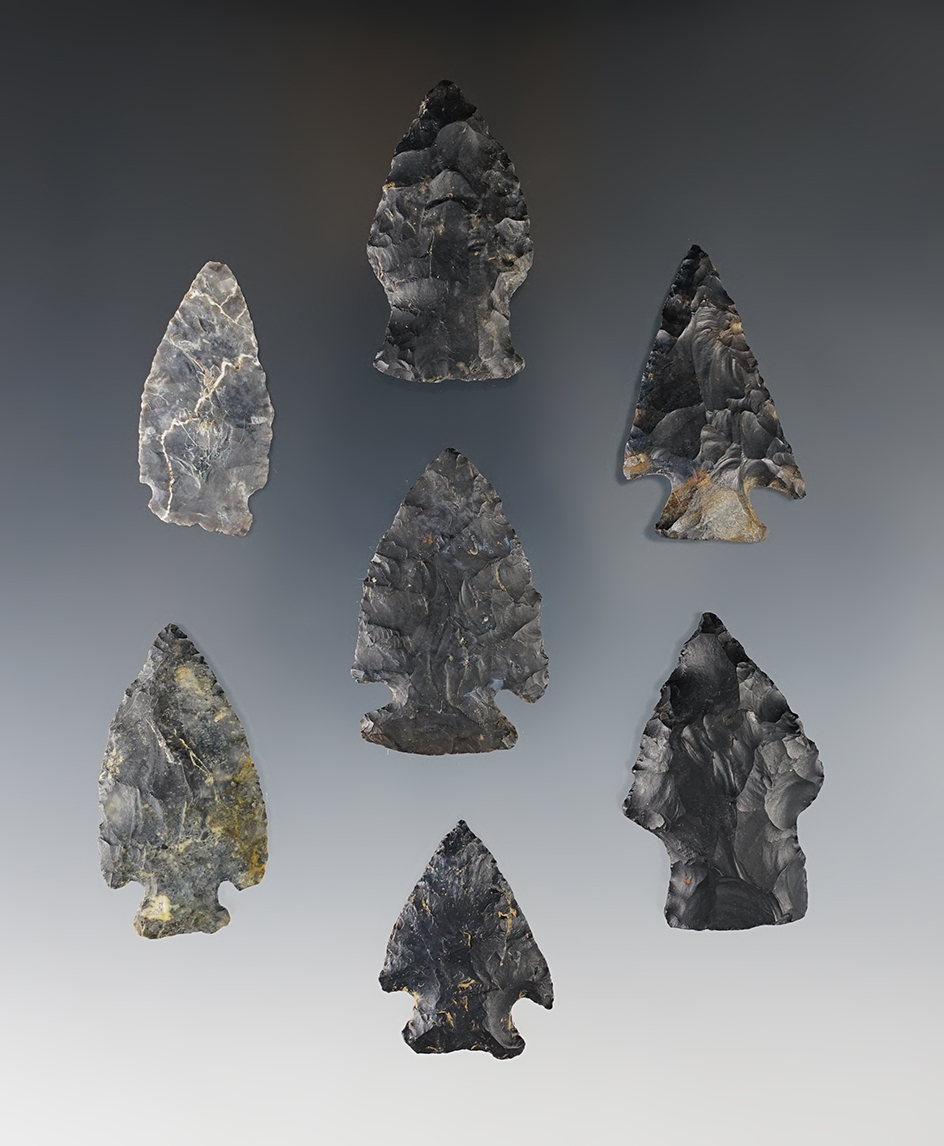 Set of 7 Ohio Points made from Coshocton Flint. All are in good condition. The largest is 1 3/4".