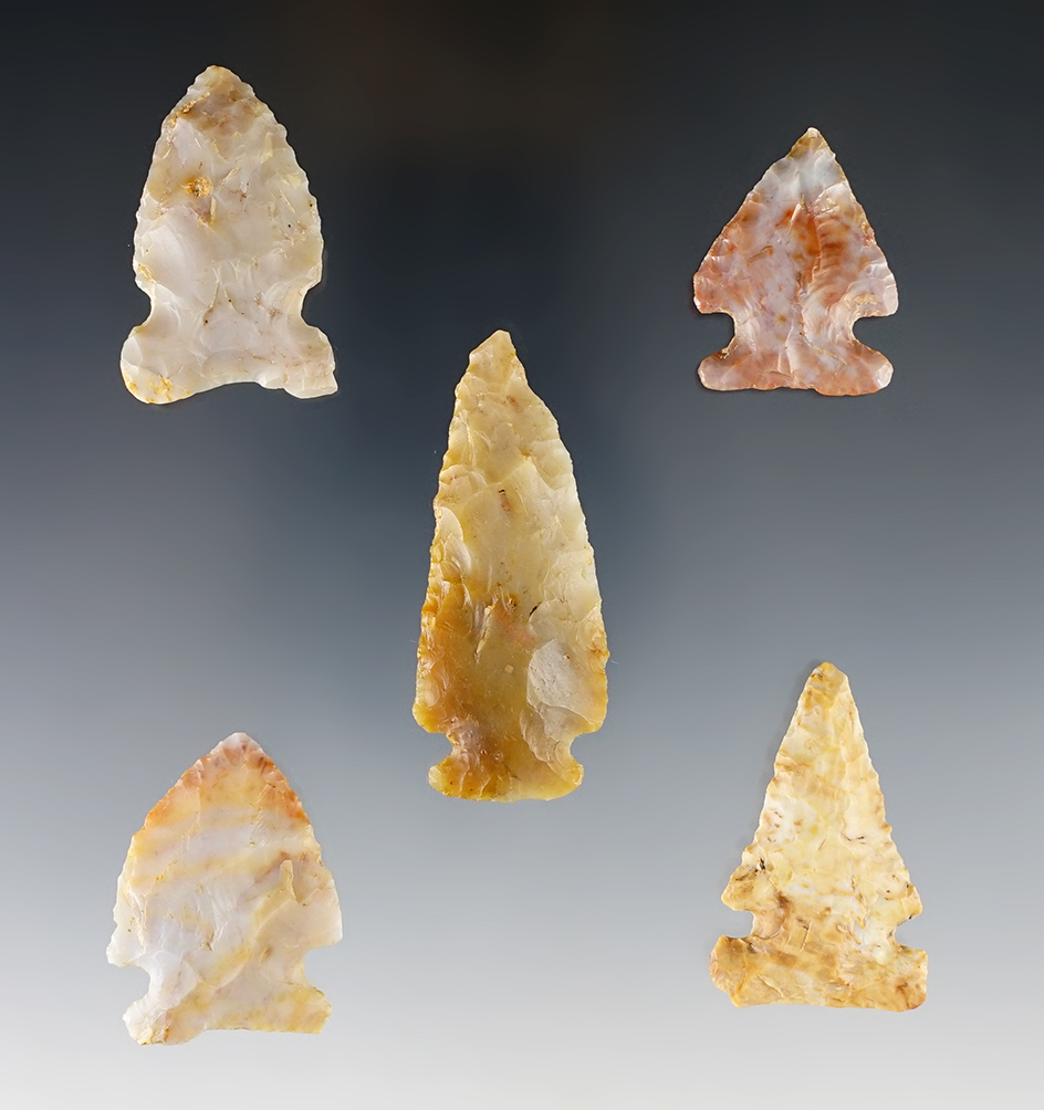 Set of 5 Ohio Archaic Points made from colorful Flint Ridge Flint. The largest is 2 1/4".