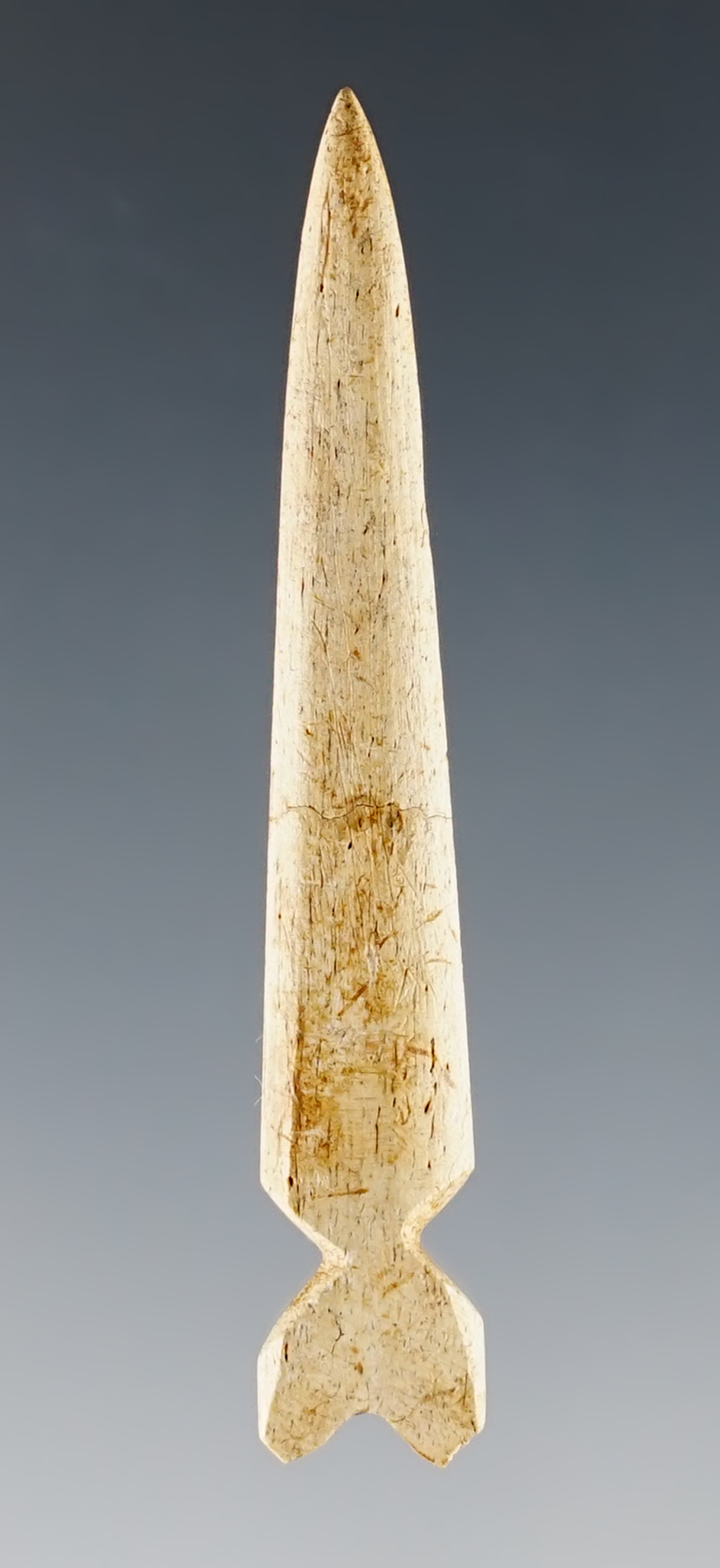 Unique 2 1/4" Bone Projectile Point - glued tightly. Close to Lamoka Lake, Schuyler, Co., NY.
