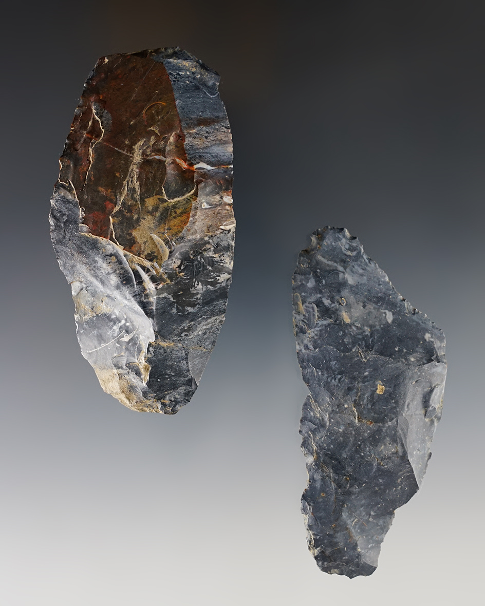 Two Paleo Uniface Knives - mottled Coshocton Flint. Largest is 3 1/2". Crawford Co., Ohio.