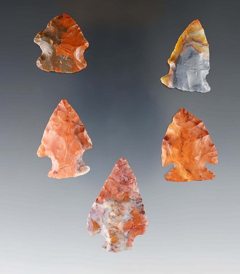 Set of 5 highly colorful Flint Ridge Points found in Ohio. The largest is 1 5/8".