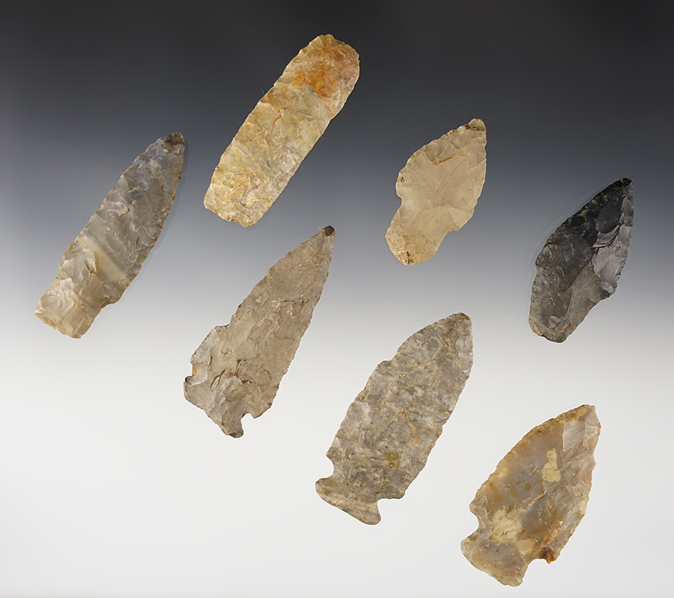 Set of 7 points and knives found in Ohio. The largest is 3 3/16".