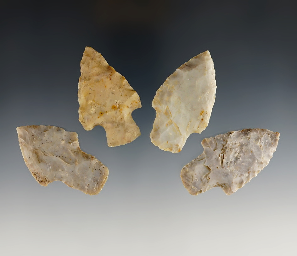 Set of 4 classic Flint Ridge Adena Points. The largest is 2 7/16".