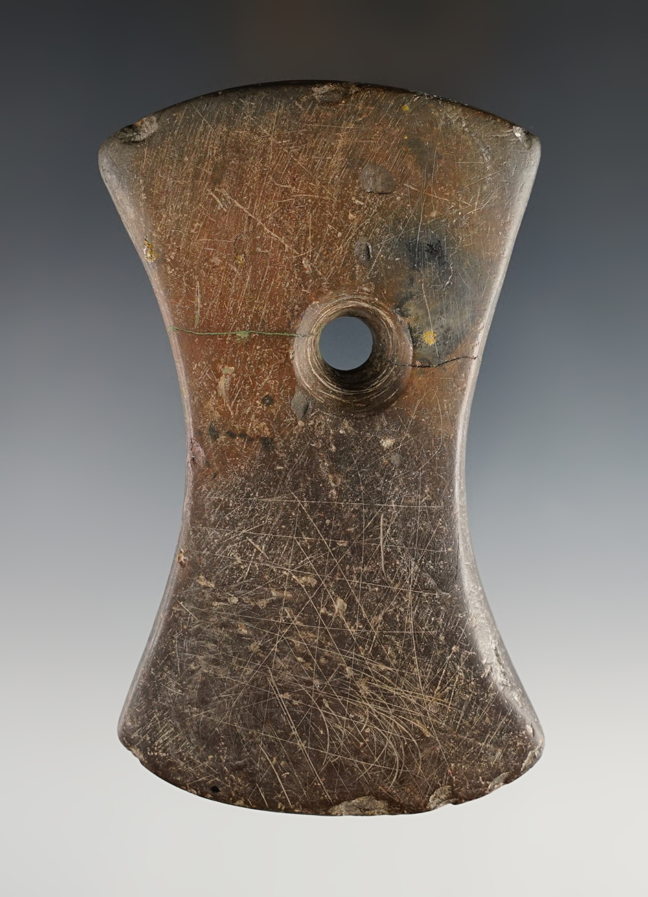 4 5/16" Bi-Concave Pendant-  glued at hole and anciently engraved. Paulding Co., Ohio.