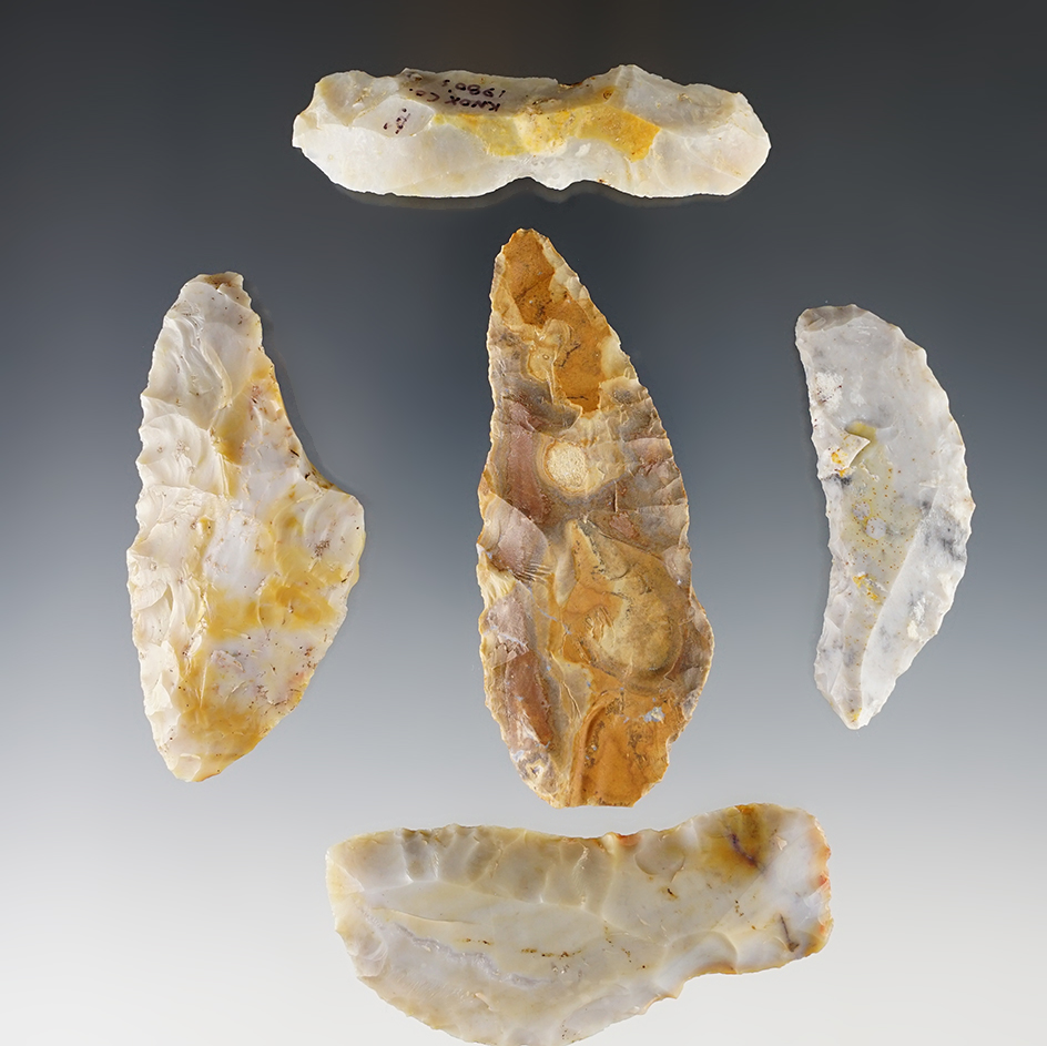 Set of 5 Ohio Uniface Knives and Paleo Tools made from Flint Ridge Flint. The largest is 3".
