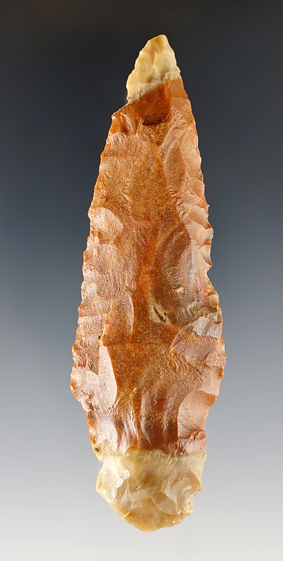 3 15/16" Early Adena made of tan and orange Carter Cave Flint. Found in Ohio.