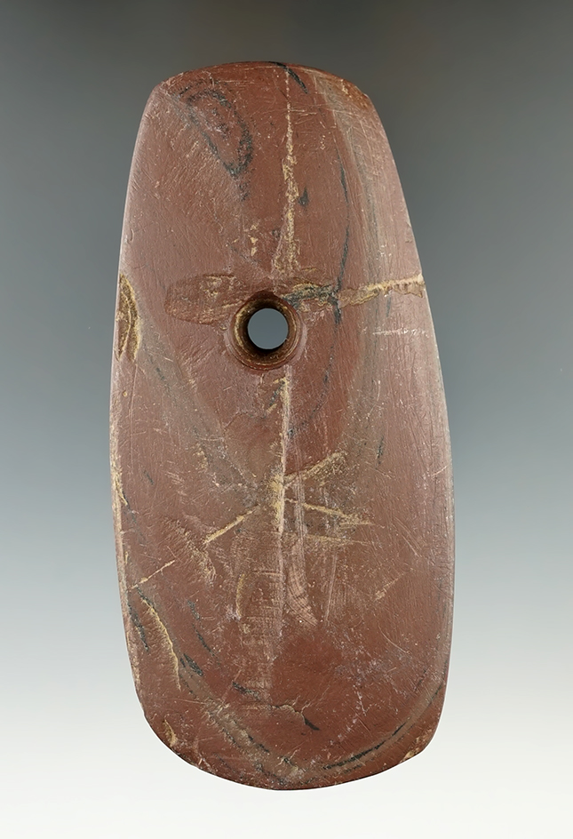 4 7/16" Adena Trapezoidal Pendant made from red and black Banded Slate. Ex. Steve Ford