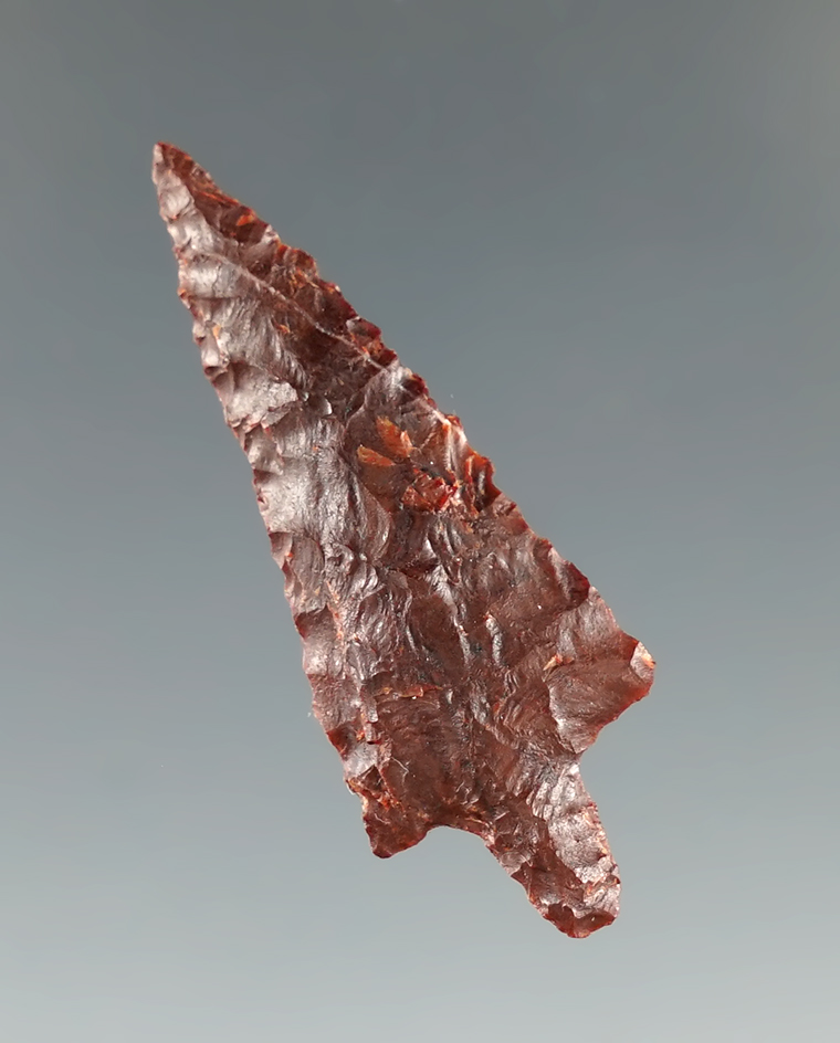 1 1/2" Rabbit Island arrow - attractive mottled red Jasper - near the Hood River, Oregon.