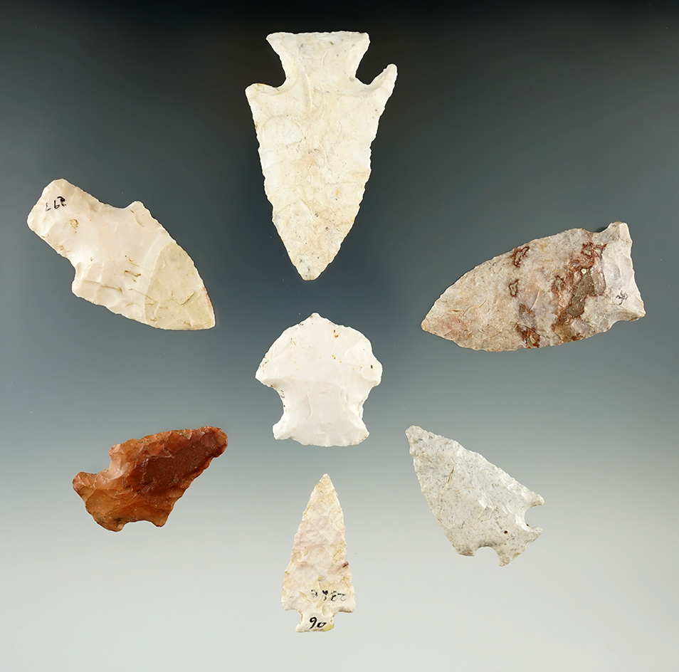 Group of seven assorted Missouri arrowheads, largest is 2 5/16".