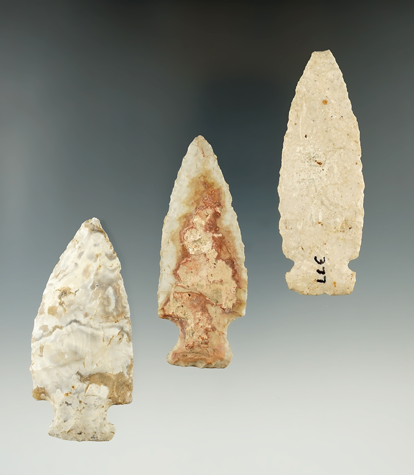 Set of three nice Missouri arrowheads, largest is 3".