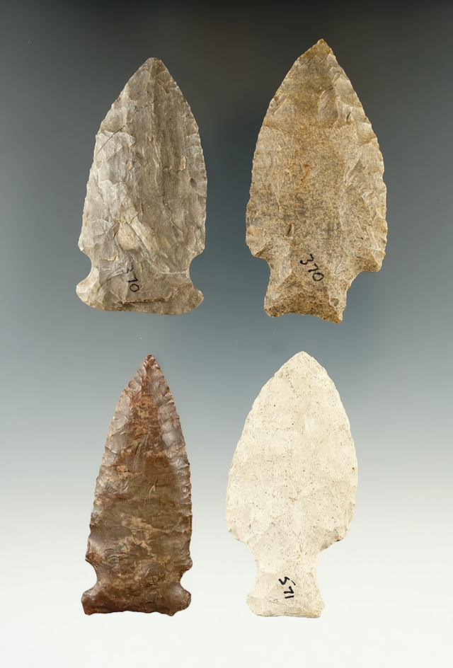 Set of four assorted Flint arrowheads found in Missouri in nice condition, largest is 2 1/2".