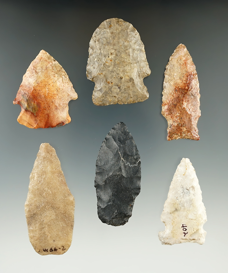 Set of six assorted Flint points and knives found in Missouri, largest is 2 7/16".