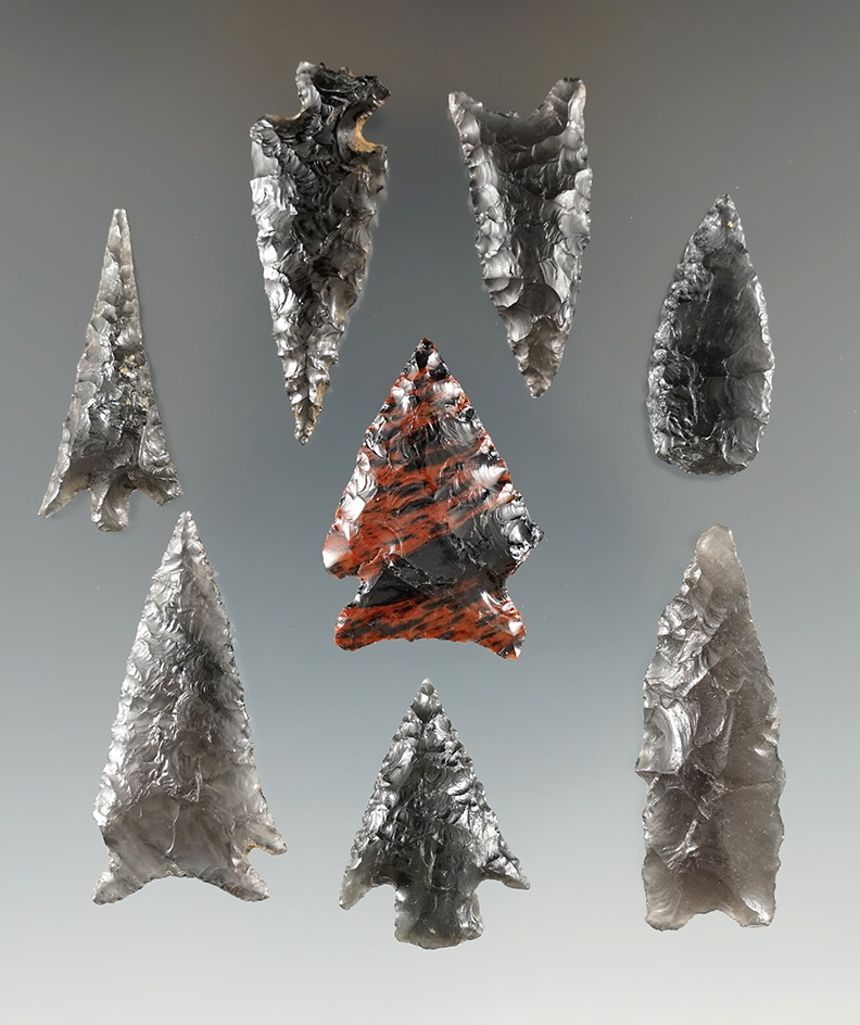 Set of 8 assorted obsidian points found in Oregon, largest is 1 9/16".