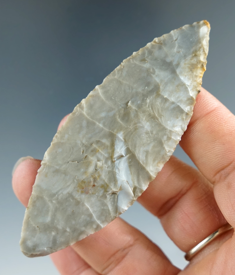 3 3/8" fine and thin by pointed red ocher style blade found in orange Co., Indiana.
