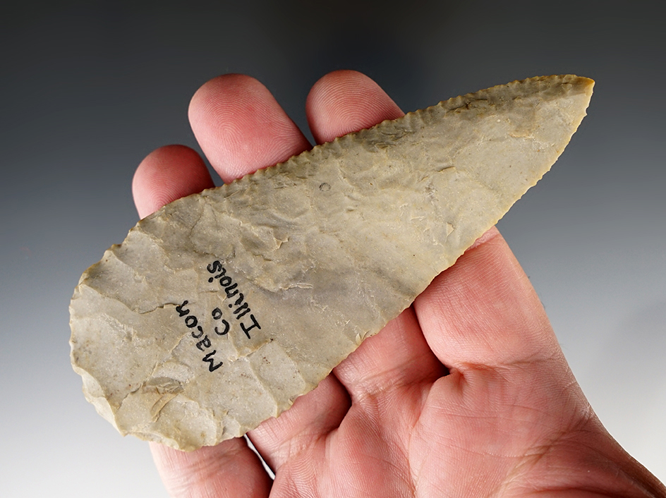 4 13/16" Well styled Beveled Blade found in Macon Co., Illinois with excellent edge flaking.