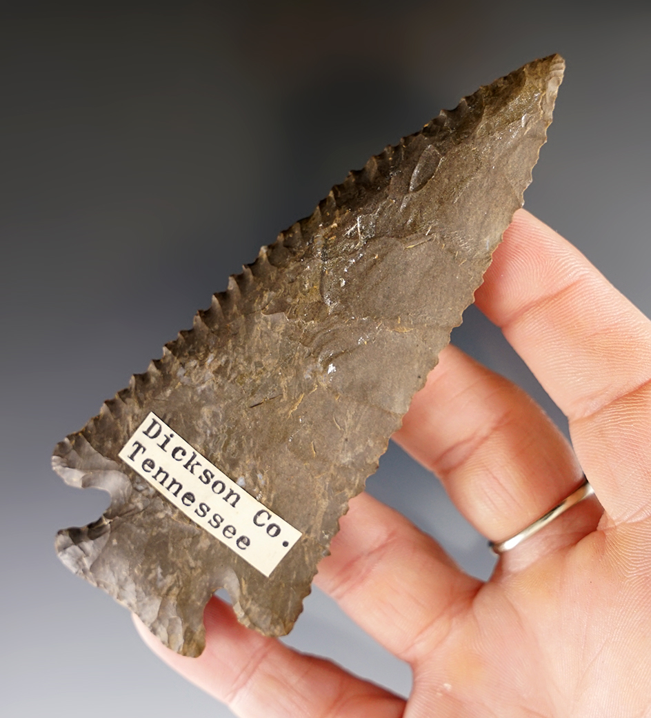 Exceptional flaking, style and serrations on this 4 1/8" Dover Flint Lost Lake - Dickson Co., TN.