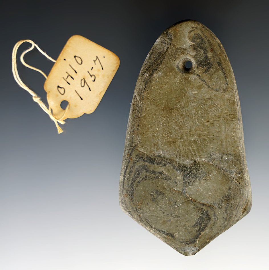 3 7/16" Banded Slate Pendant with an original tag that reads "Ohio 1957".