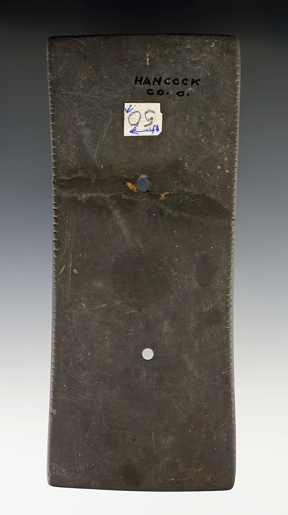 Large 5 9/16" Gorget that is heavily tallied on two sides. Hancock Co., Ohio. Broken and glued