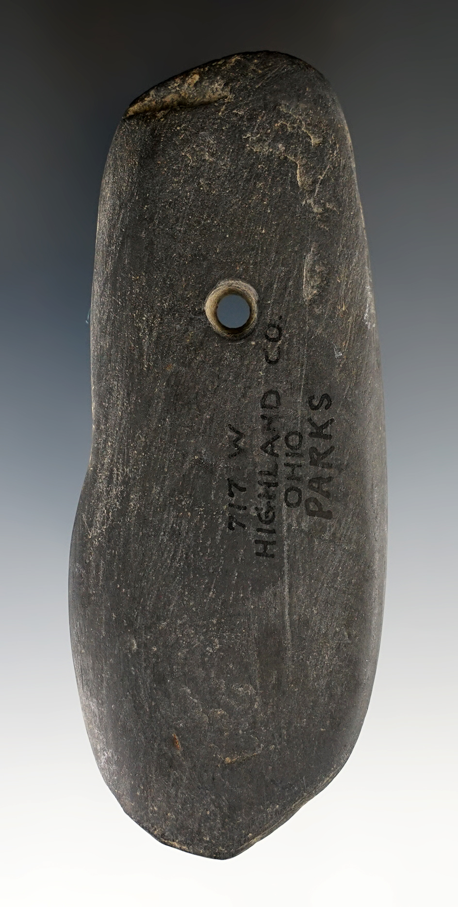 4 1/4" Slate Pendant found in Highland Co., Ohio. Ex. Cameron Parks, Wehrle #717W Collections.