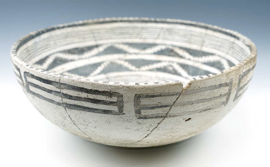 Large 11 1/2" wide Anasazi pottery vessel that has been nicely glued back together. New Mexico.