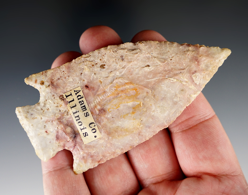 3 3/4" Pentagonal Knife made from beautiful pink and beige material. Found in Adams Co., IL.