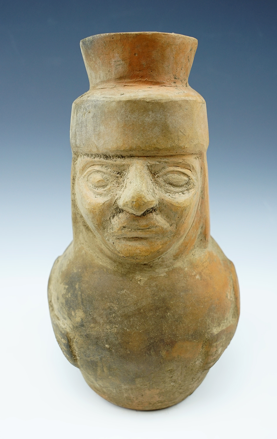 8 1/2" Tall Moche Figural Pottery Vessel in solid condition. Found in Peru.