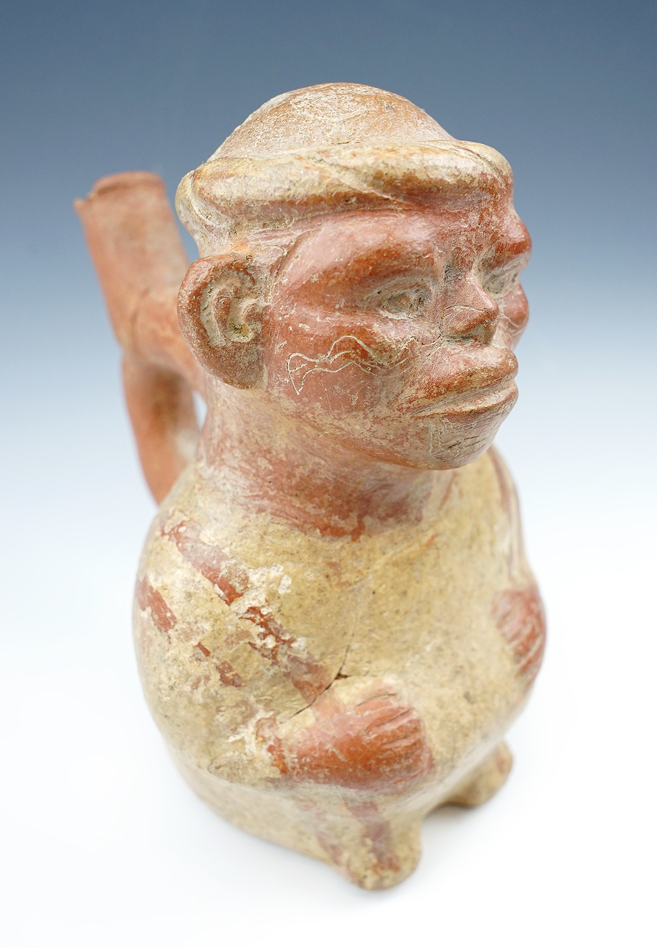 7" Tall Moche II Human Figural Pottery Vessel with facial scarring depicted. A couple cracks. Peru.