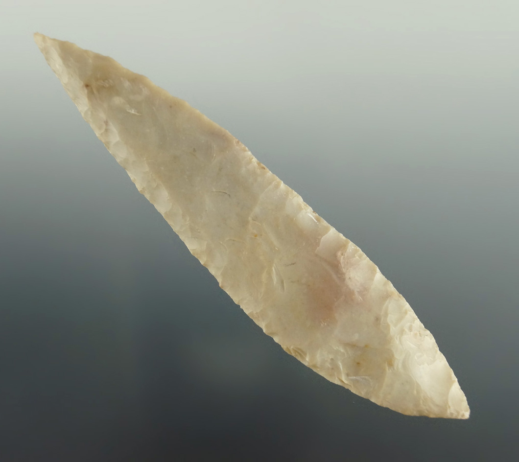 Steeply beveled 4 5/16" Harahey Knife found in Texas. Ex. Charles Shewey collection. Featured in Ove