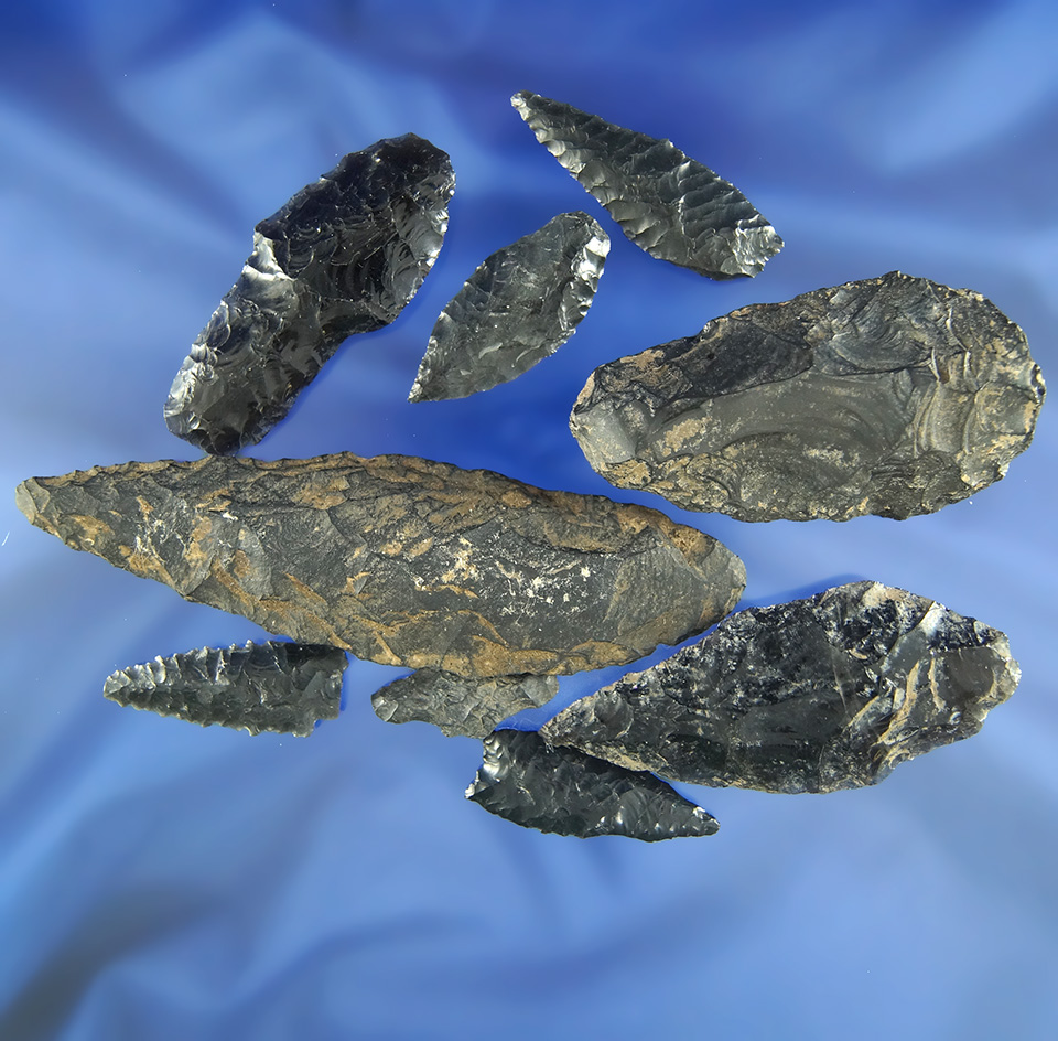 Set of nine assorted Arrowheads and Knives found in Oregon, largest is 4 1/16".
