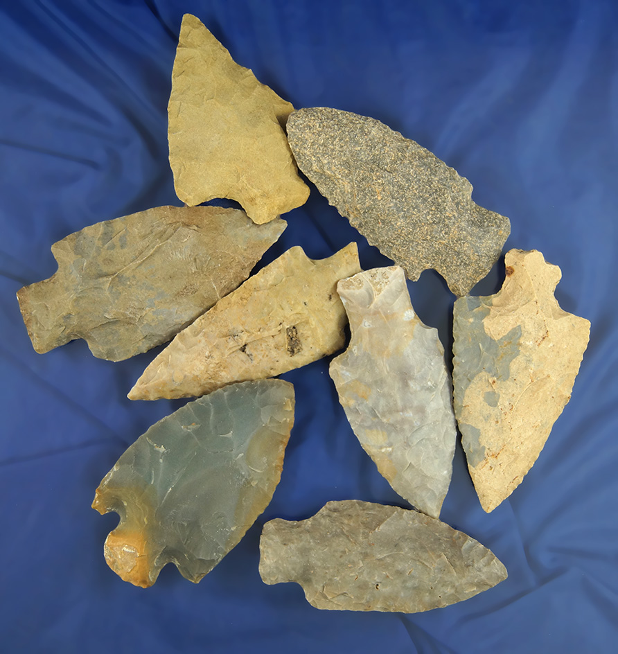 Set of eight assorted Midwestern Arrowheads, largest is 2 1/2".