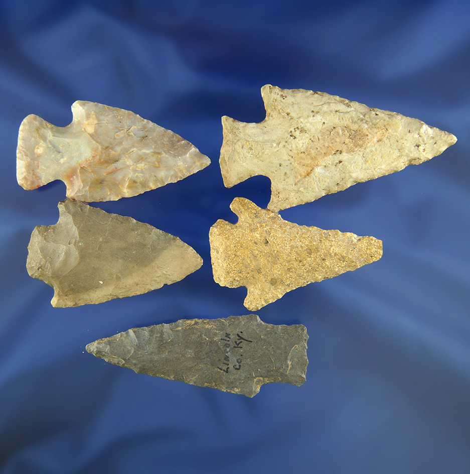 Set of five Midwestern Arrowheads, largest is 2 7/8".